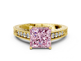 Yellow gold Fancy Pink Princess  Solitaire Pavé Diamond Milgrain Engagement Ring with Four-Prong Setting