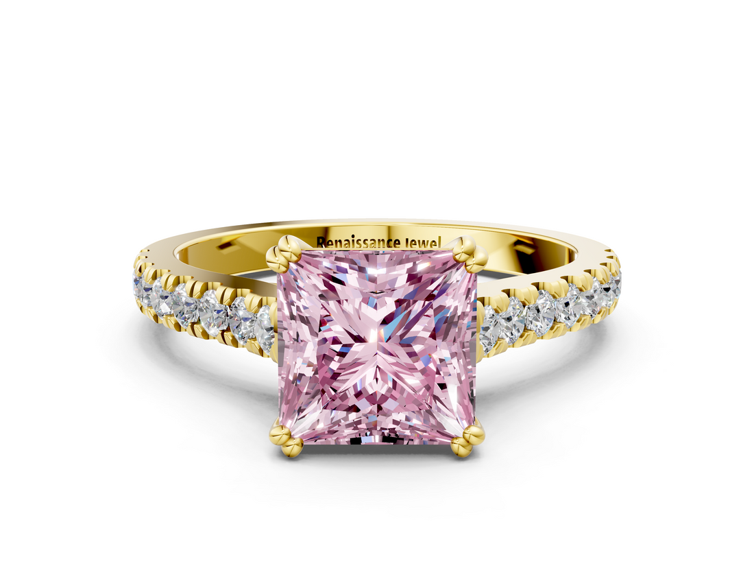 Yellow gold Fancy Pink Princess  Solitaire Pave Diamond Engagement Ring with Prong Setting