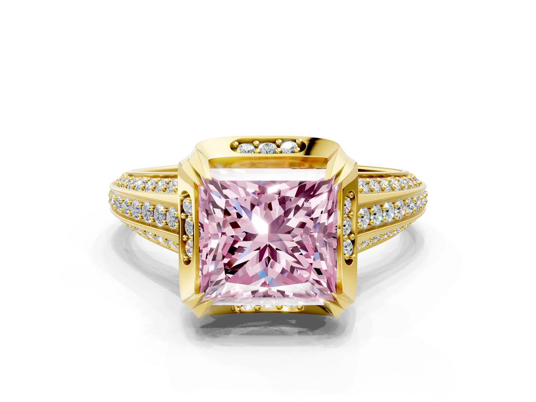Yellow gold Fancy Pink Princess  Solitaire Pave Split Shank Ring with Four-Prong Setting_81