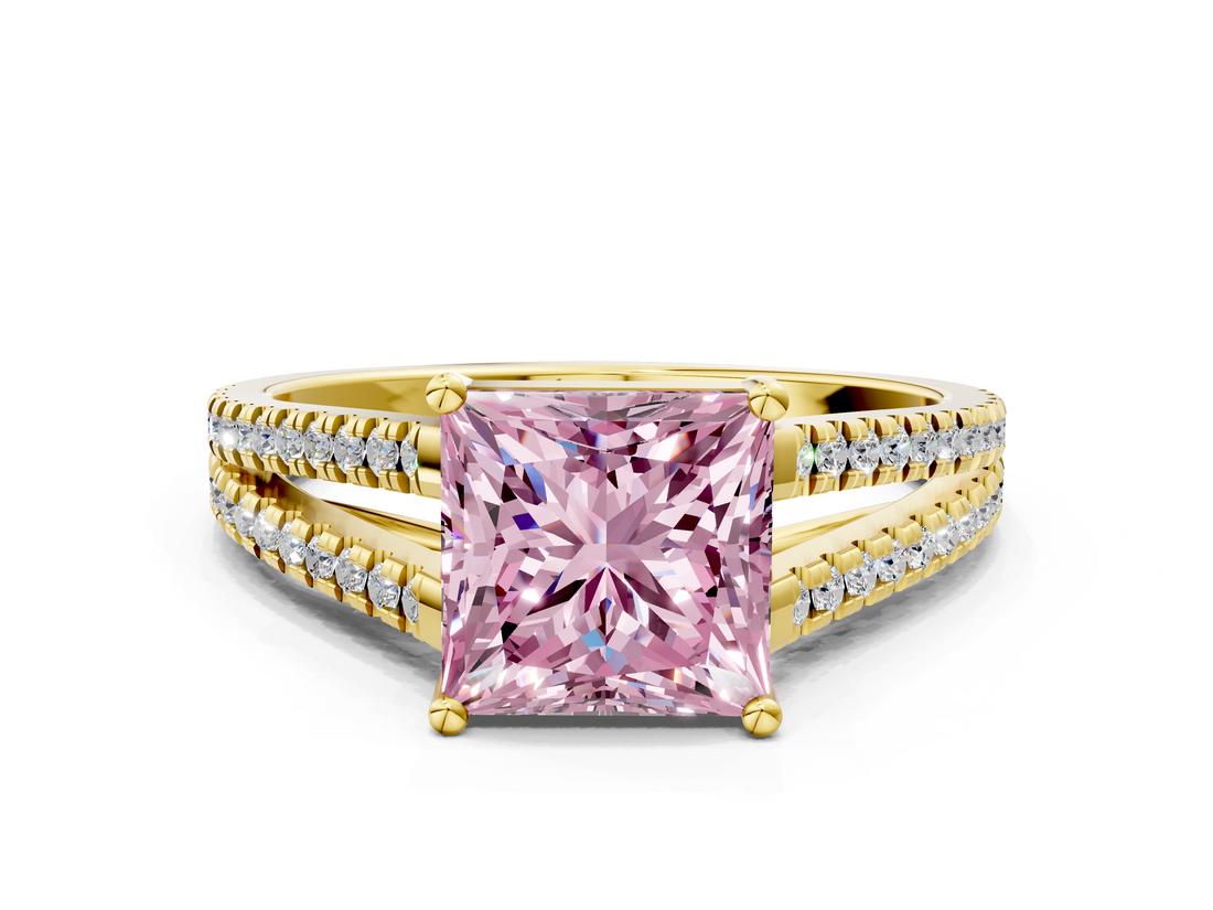 Yellow gold Fancy Pink Princess  Solitaire Split Shank Pavé Diamond Engagement Ring
