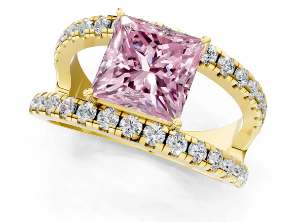 Yellow gold Fancy Pink Princess  Solitaire Split Shank Pave Diamond Ring