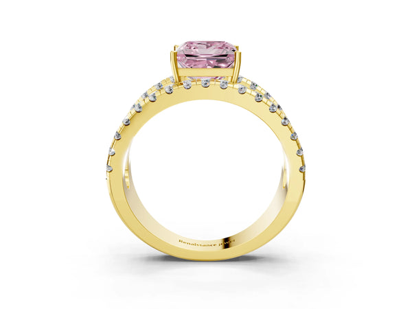 Yellow gold Fancy Pink Princess  Solitaire Split Shank Pave Diamond Ring