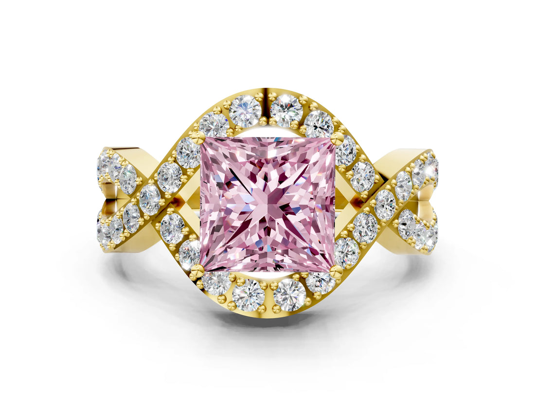 Yellow gold Fancy Pink Princess  Solitaire Twist Band Pavé Diamond Engagement Ring_54
