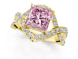 Yellow gold Fancy Pink Princess  Solitaire Twist Band Pavé Diamond Engagement Ring_55