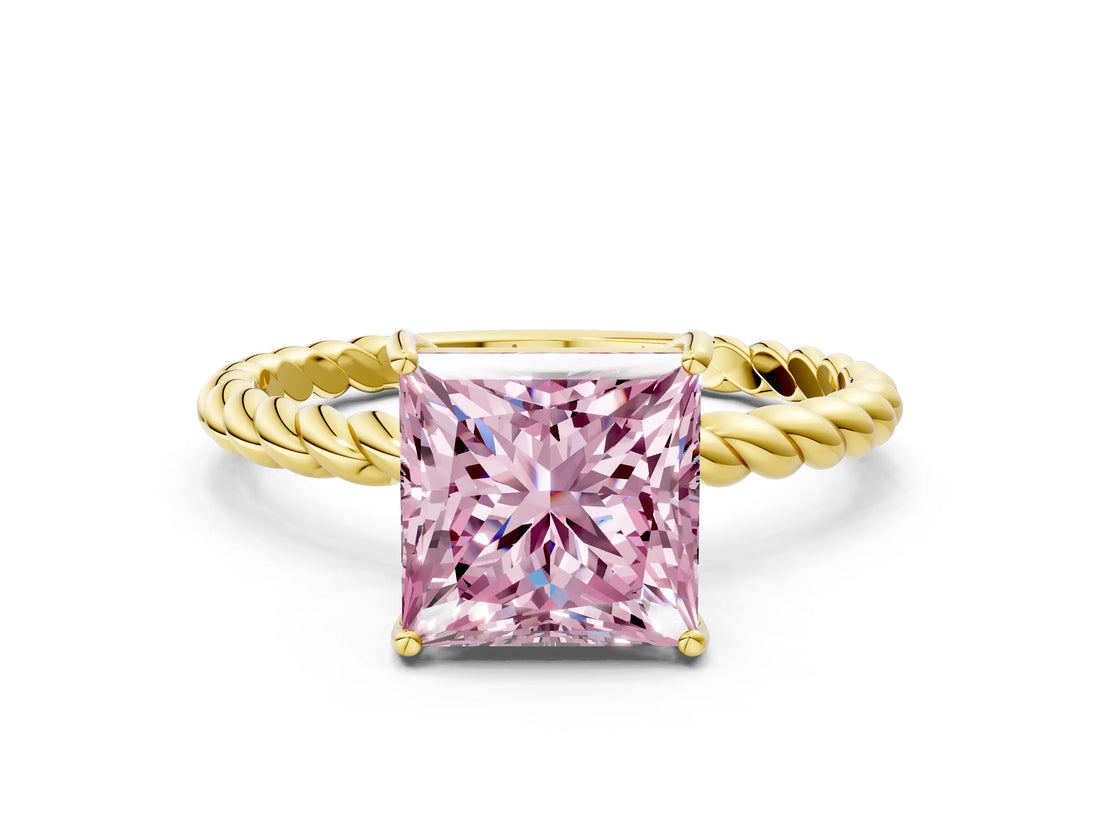 Yellow gold Fancy Pink Princess  Solitaire Twist Band Ring with Four-Prong Setting_65