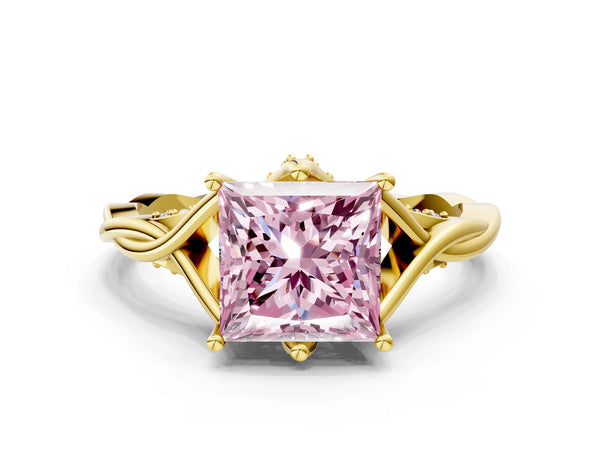 Yellow gold Fancy Pink Princess  Solitaire Twist Band Six-Prong Setting