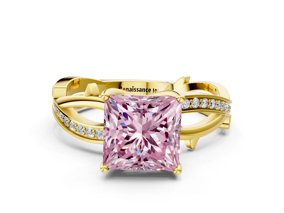 Yellow gold Fancy Pink Princess  Solitaire Twist Band with Pavé Accents and Four-Prong Setting_20