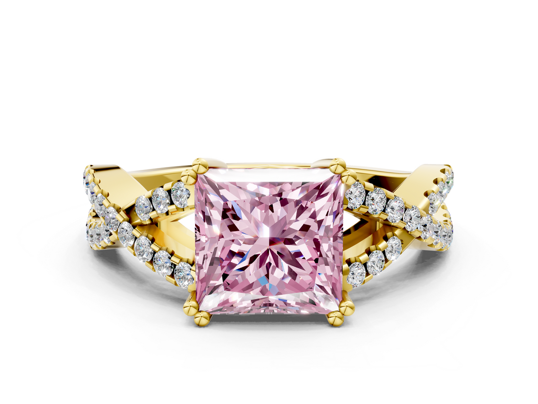 Yellow gold Fancy Pink Princess  Solitaire Twist Band with Pavé Setting and Four-Prong Setting