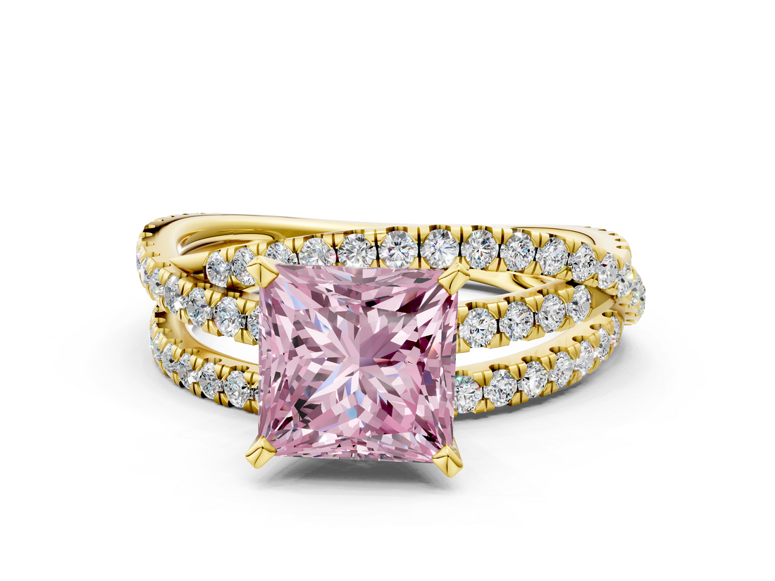 Yellow gold Fancy Pink Princess  Solitaire Twist Band with Pavé Setting and Four-Prong Setting