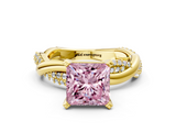Yellow gold Fancy Pink Princess  Solitaire Twist Band with Pave Prong Setting