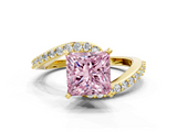 Yellow gold Fancy Pink Princess  Solitaire Twist Band with Pave Set Diamonds and Four-Prong Setting