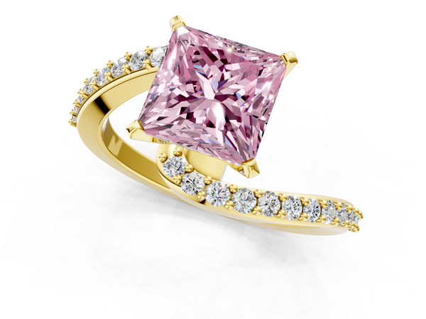 Yellow gold Fancy Pink Princess  Solitaire Twist Band with Pave Set Diamonds and Four-Prong Setting