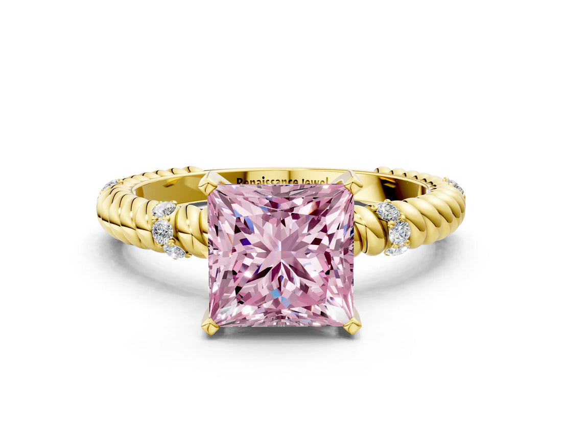 Yellow gold Fancy Pink Princess  Solitaire Twisted Band Prong Set Engagement Ring_30
