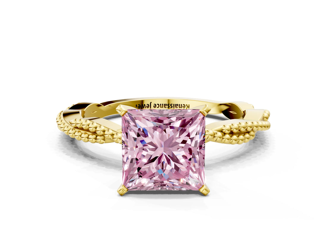 Yellow gold Fancy Pink Princess  Solitaire Twisted Band with Bead Prong Setting_29