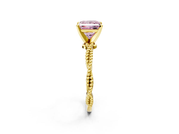 Yellow gold Fancy Pink Princess  Solitaire Twisted Band with Bead Prong Setting