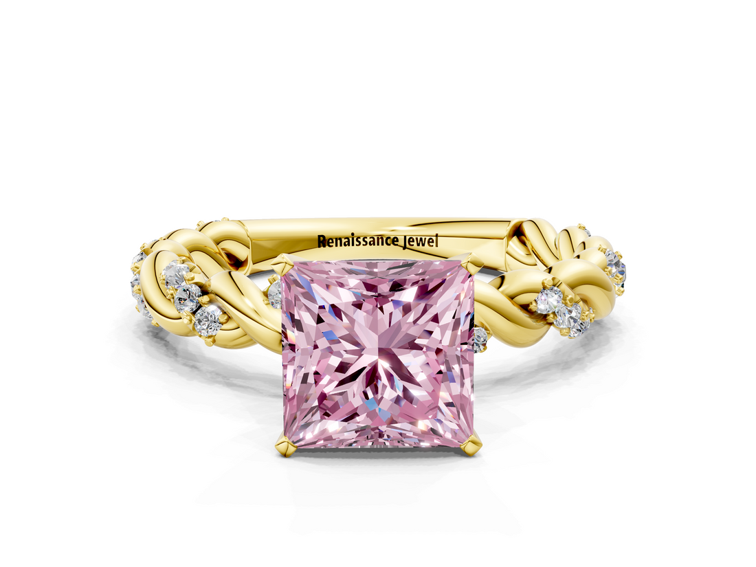 Yellow gold Fancy Pink Princess  Solitaire Twisted Band with Pavé Accents and Four-Prong Setting