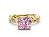 Yellow gold Fancy Pink Princess  Solitaire Twisted Band with Pavé Accents and Four-Prong Setting