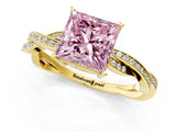 Yellow gold Fancy Pink Princess  Solitaire Twisted Pave Diamond Ring with Four-Prong Setting_114