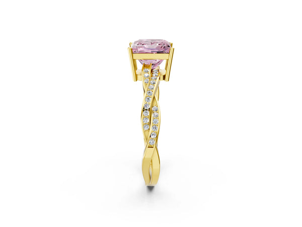 Yellow gold Fancy Pink Princess  Solitaire Twisted Pave Diamond Ring with Four-Prong Setting
