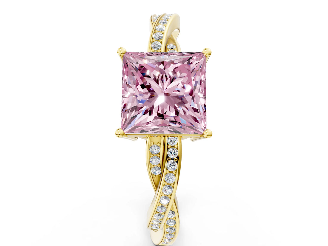 Yellow gold Fancy Pink Princess  Solitaire Twisted Pave Diamond Ring with Four-Prong Setting_12