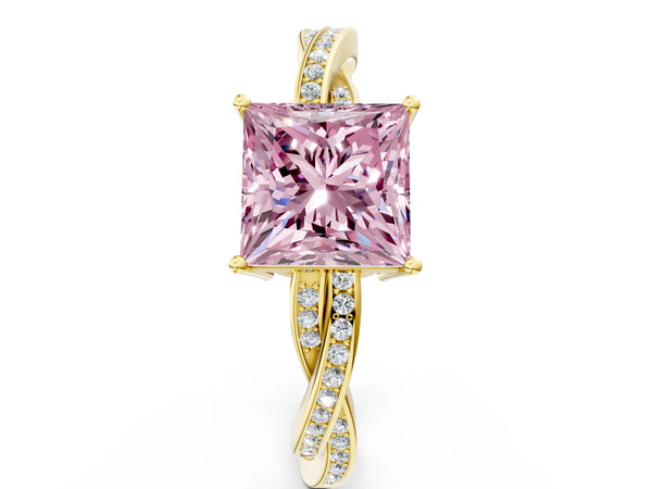 Yellow gold Fancy Pink Princess  Solitaire Twisted Pave Diamond Ring with Four-Prong Setting