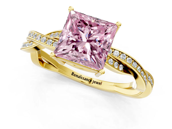 Yellow gold Fancy Pink Princess  Solitaire Twisted Pave Diamond Ring with Four-Prong Setting