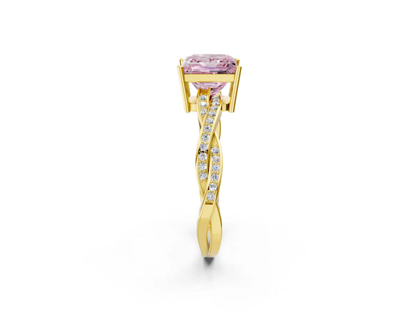 Yellow gold Fancy Pink Princess  Solitaire Twisted Pave Diamond Ring with Four-Prong Setting