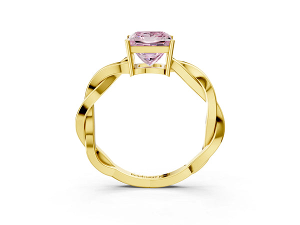 Yellow gold Fancy Pink Princess  Solitaire Twisted Pave Diamond Ring with Four-Prong Setting