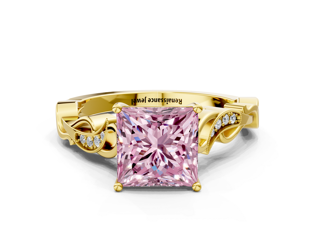 Yellow gold Fancy Pink Princess  Solitaire Vine Band with Milgrain Prong Setting_3