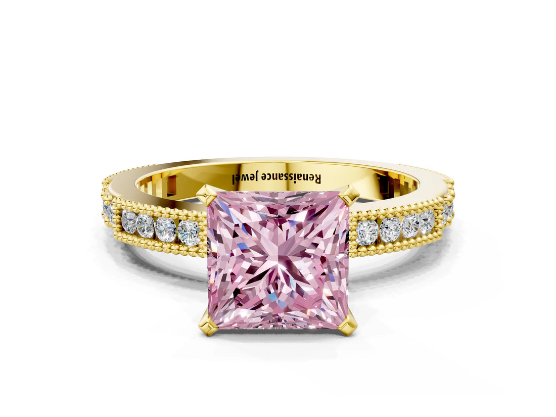 Yellow gold Fancy Pink Princess  Solitaire with Pavé Band and Four-Prong Setting_30