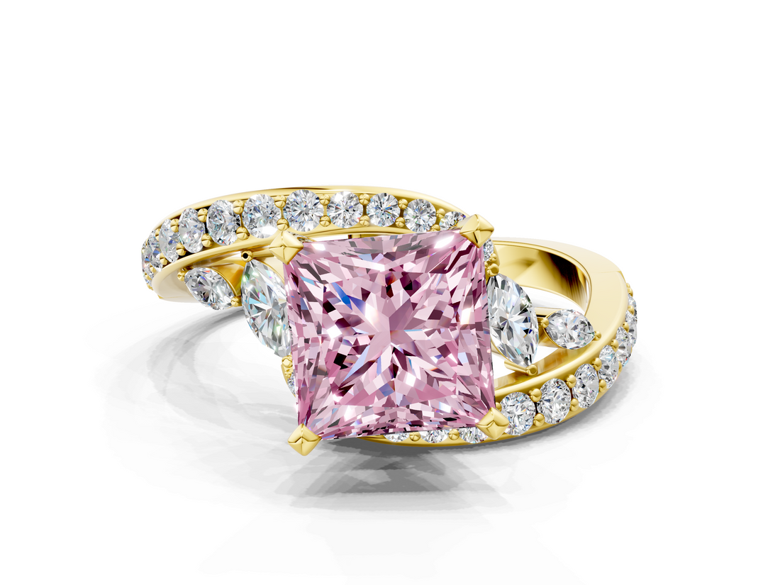 Yellow gold Fancy Pink Princess  Solitaire with Pavé Twist Band and Four-Prong Setting