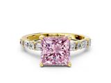 Yellow gold Fancy Pink Princess  Solitaire with Side Baguettes and Channel Set Band