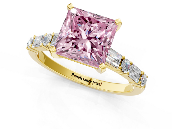 Yellow gold Fancy Pink Princess Cut Diamond Solitaire with Side Baguettes and Channel Set Band