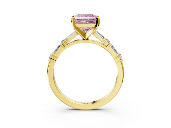 Yellow gold Fancy Pink Princess Cut Diamond Solitaire with Side Baguettes and Channel Set Band