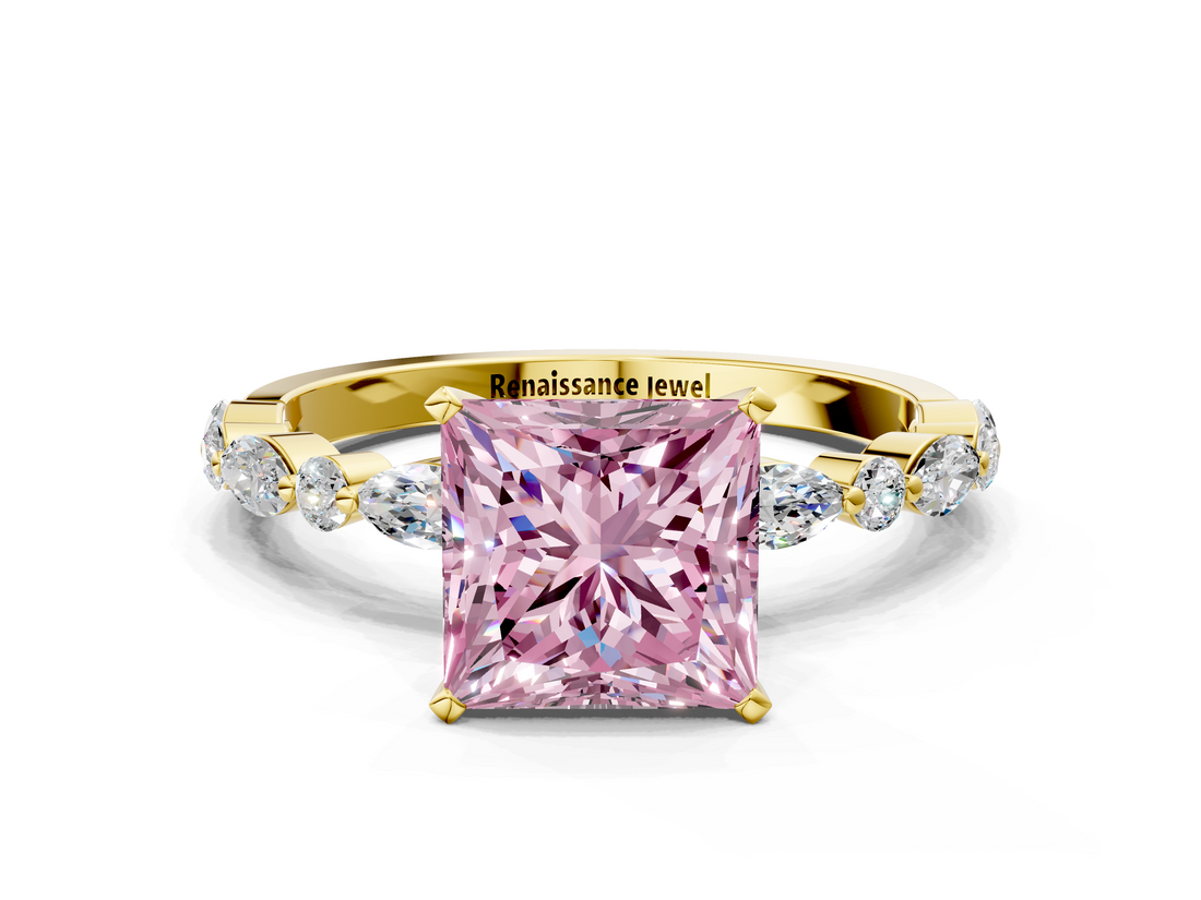 Yellow gold Fancy Pink Princess  Solitaire with Side Stones on a Pavé Band and Four-Prong Setting
