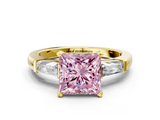Yellow gold Fancy Pink Princess  Solitaire with Tapered Baguette Side Stones on a Classic Band with Four-Prong Setting