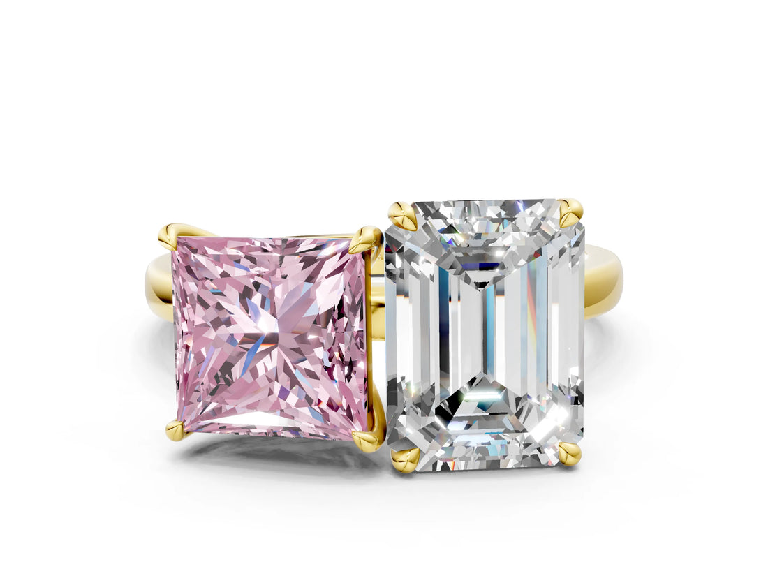 Yellow gold Fancy Pink Princess  and Emerald Cut Toi Moi Ring with Prong Setting_29