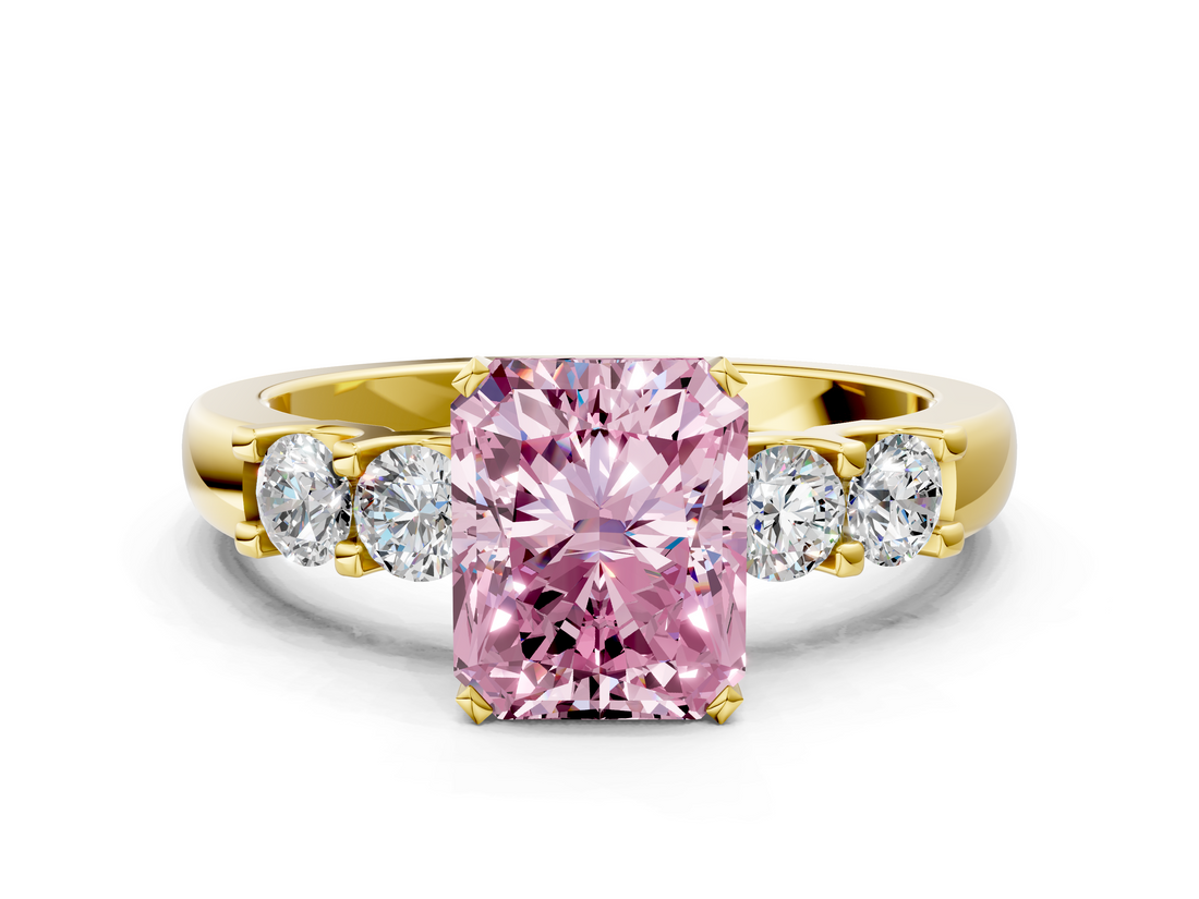 Yellow gold Fancy Pink Radiant  Brilliant Cut Diamond Five-Stone Prong Set Engagement Ring with Channel Band_3
