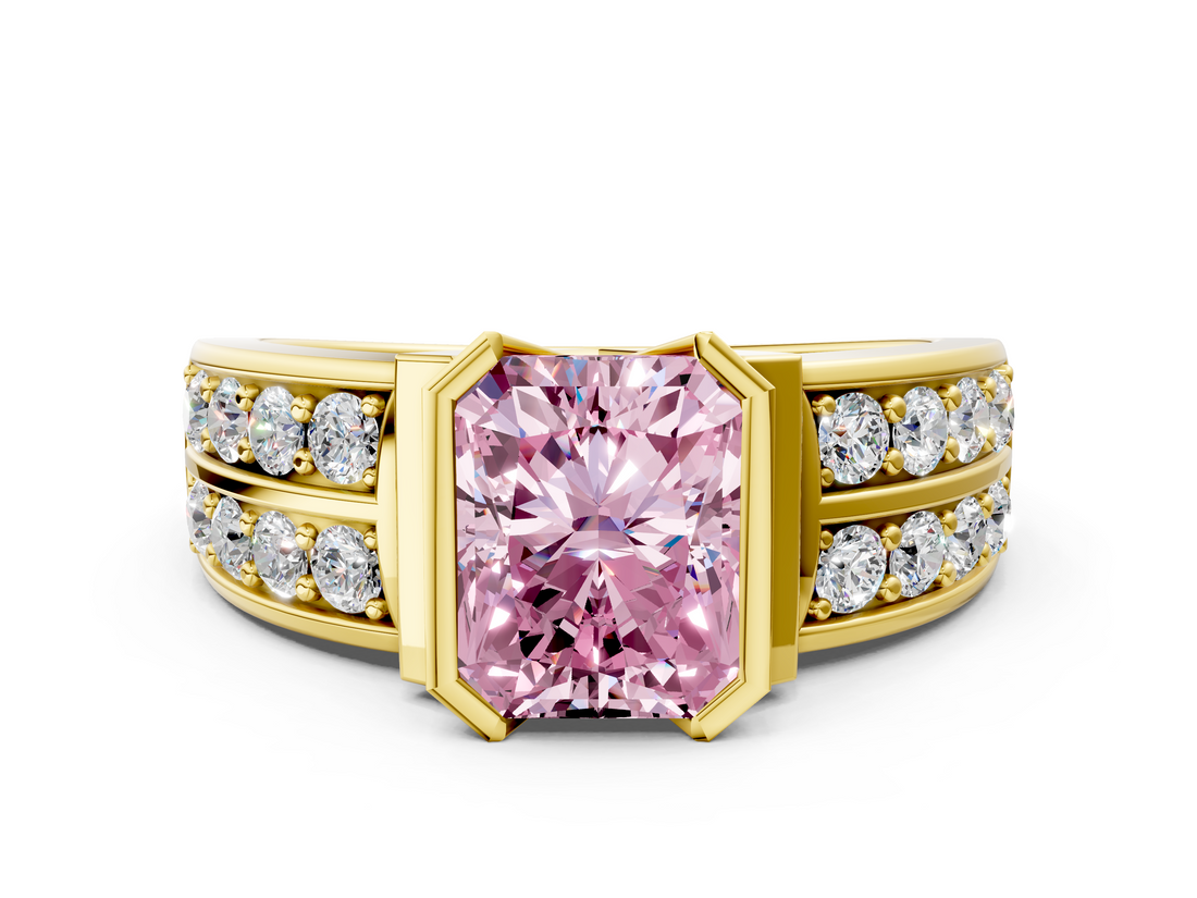 Yellow gold Fancy Pink Radiant  Brilliant Diamond Channel Set Wide Band Ring with Bezel Setting_20