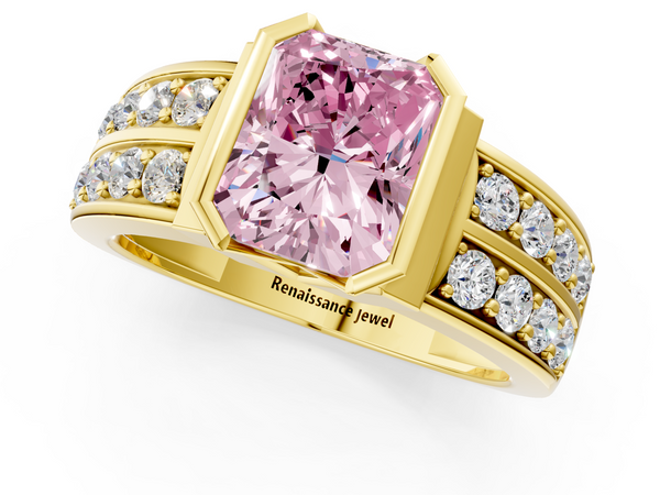 Yellow gold Fancy Pink Radiant  Brilliant Diamond Channel Set Wide Band Ring with Bezel Setting
