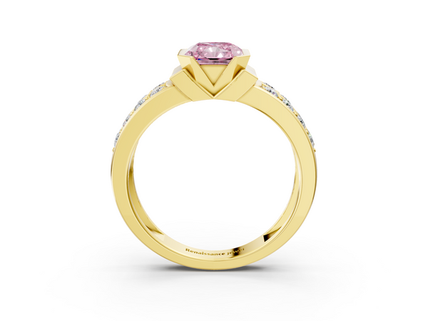 Yellow gold Fancy Pink Radiant  Brilliant Diamond Channel Set Wide Band Ring with Bezel Setting