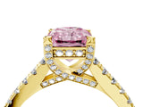 Yellow gold Fancy Pink Radiant  Brilliant Diamond Solitaire with Pavé Band and Four-Prong Setting