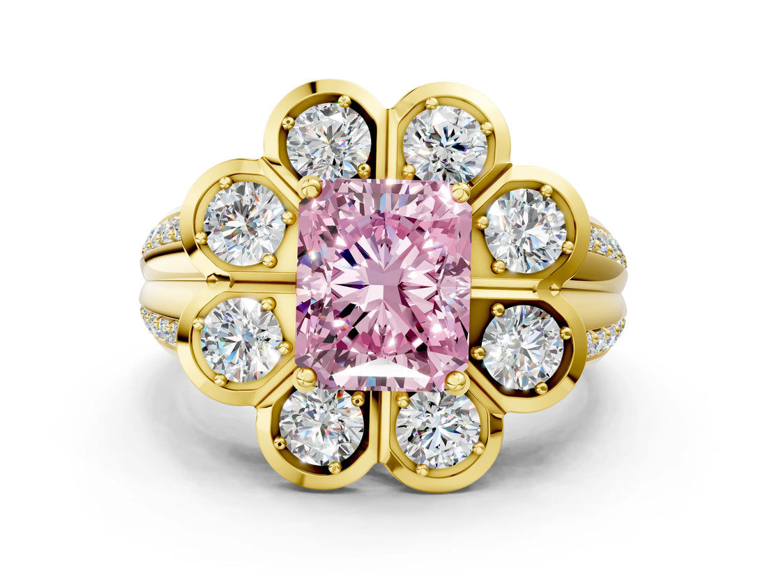 Yellow gold Fancy Pink Radiant  Brilliant Flower Halo Diamond Split Shank Ring_57