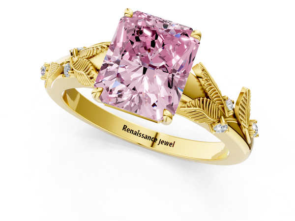 Yellow gold Fancy Pink Radiant Cut Diamond Solitaire Ring with Leaf Motif Band and Four-Prong Setting