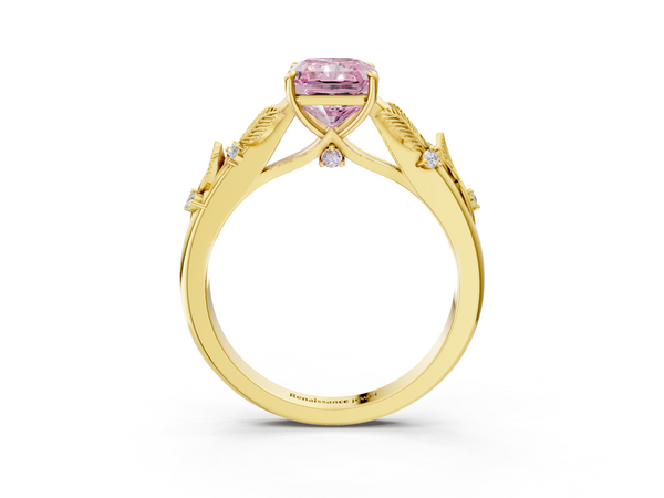 Yellow gold Fancy Pink Radiant Cut Diamond Solitaire Ring with Leaf Motif Band and Four-Prong Setting