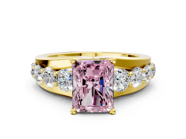 Yellow gold Fancy Pink Radiant  Brilliant Solitaire with Side Stones on a Pave Band and Four-Prong Setting