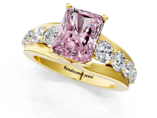 Yellow gold Fancy Pink Radiant  Brilliant Solitaire with Side Stones on a Pave Band and Four-Prong Setting