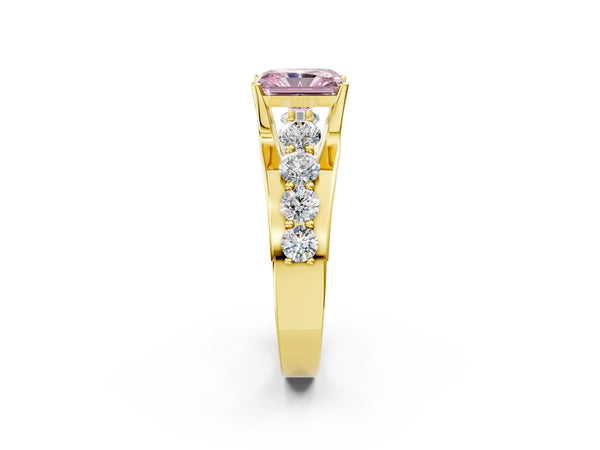 Yellow gold Fancy Pink Radiant  Brilliant Solitaire with Side Stones on a Pave Band and Four-Prong Setting