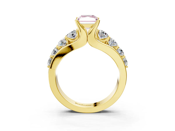 Yellow gold Fancy Pink Radiant  Brilliant Solitaire with Side Stones on a Pave Band and Four-Prong Setting