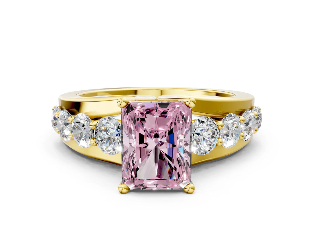 Yellow gold Fancy Pink Radiant  Brilliant Solitaire with Side Stones on a Pave Band and Four-Prong Setting_24